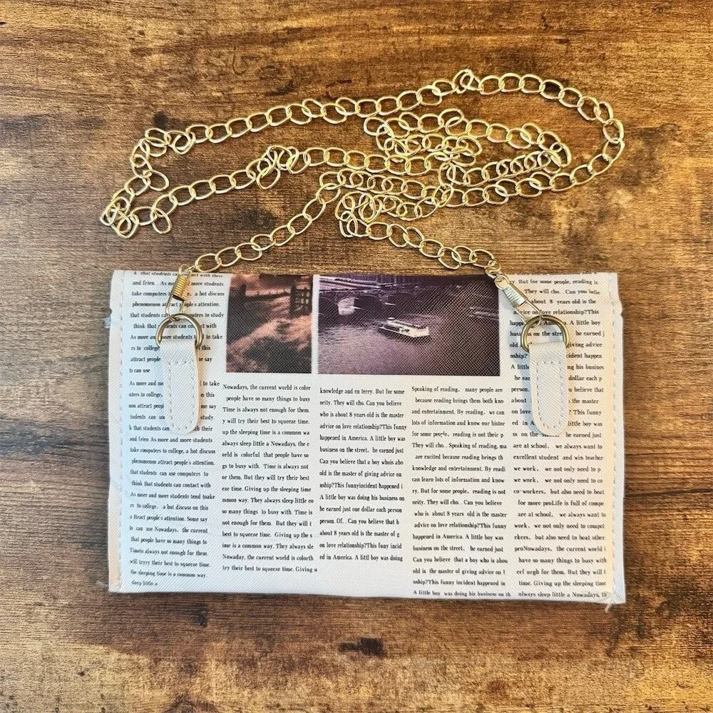 Pocket Boy Clutch Purse Womens Small Multicolor Newspaper Print Chain